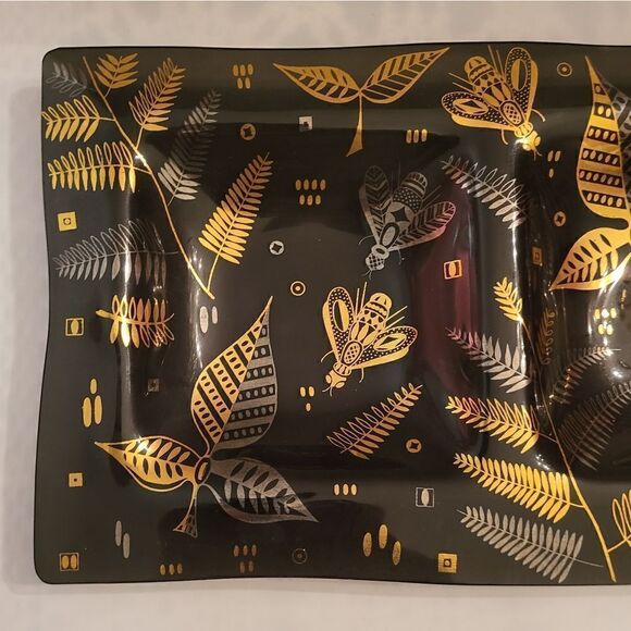Vintage Mint George Briard Design Divided Smoke Glass Tray w/Gold & Silver Bees - Picture 5 of 6